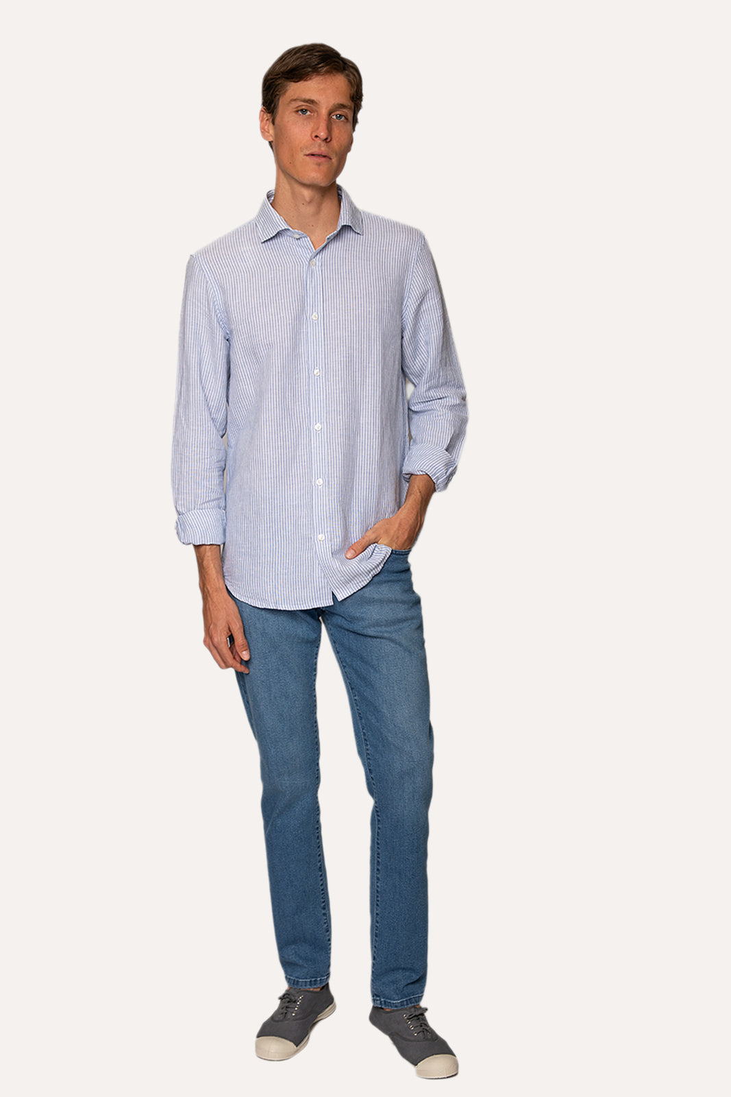 CAMISA DE LINO CON RAYAS AZULES