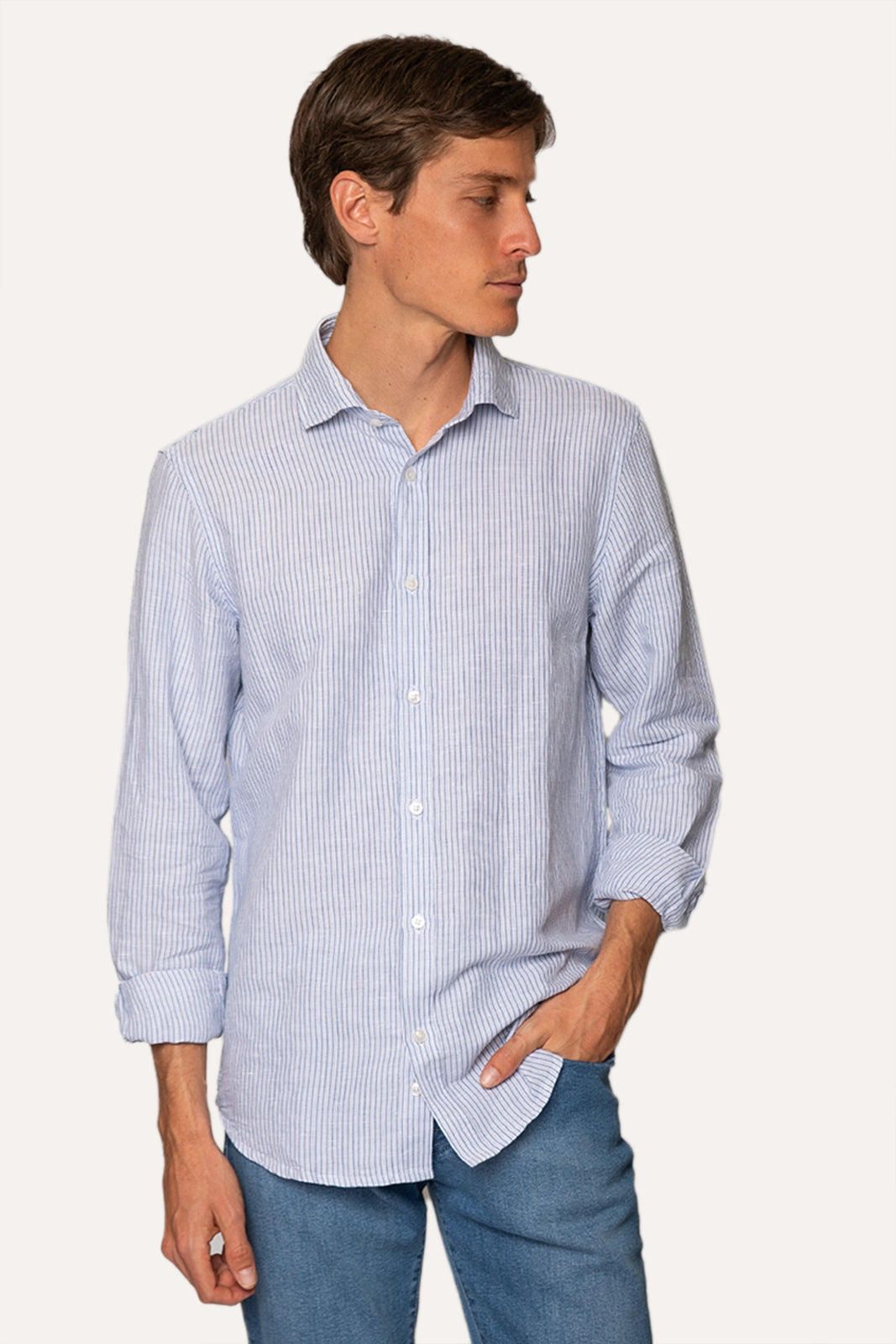 CAMISA DE LINO CON RAYAS AZULES