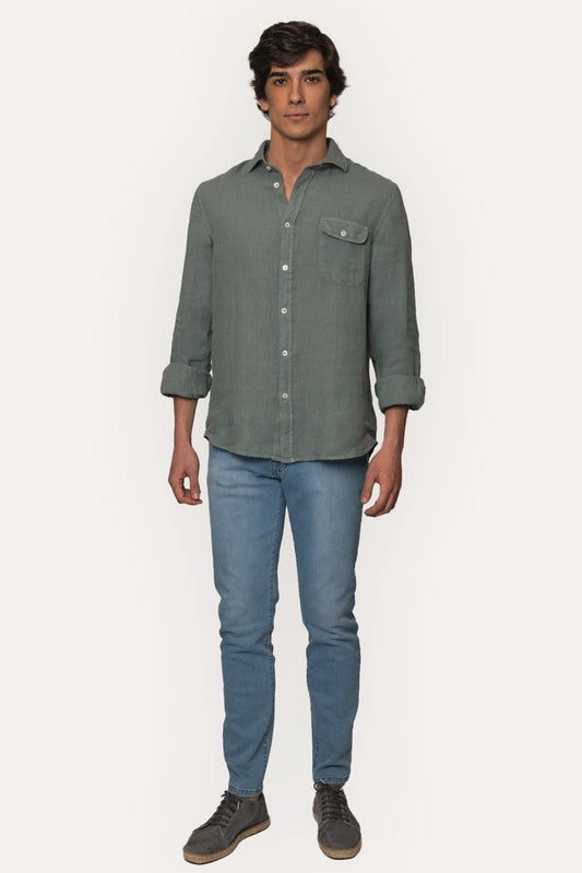 CAMISA CON BOLSILLO DE LINO VERDE