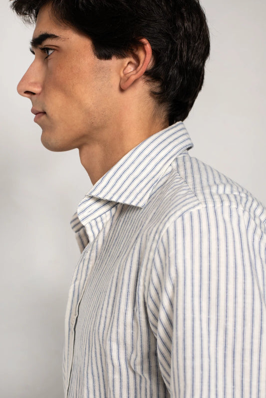 CAMISA HUESO RAYAS AZULES