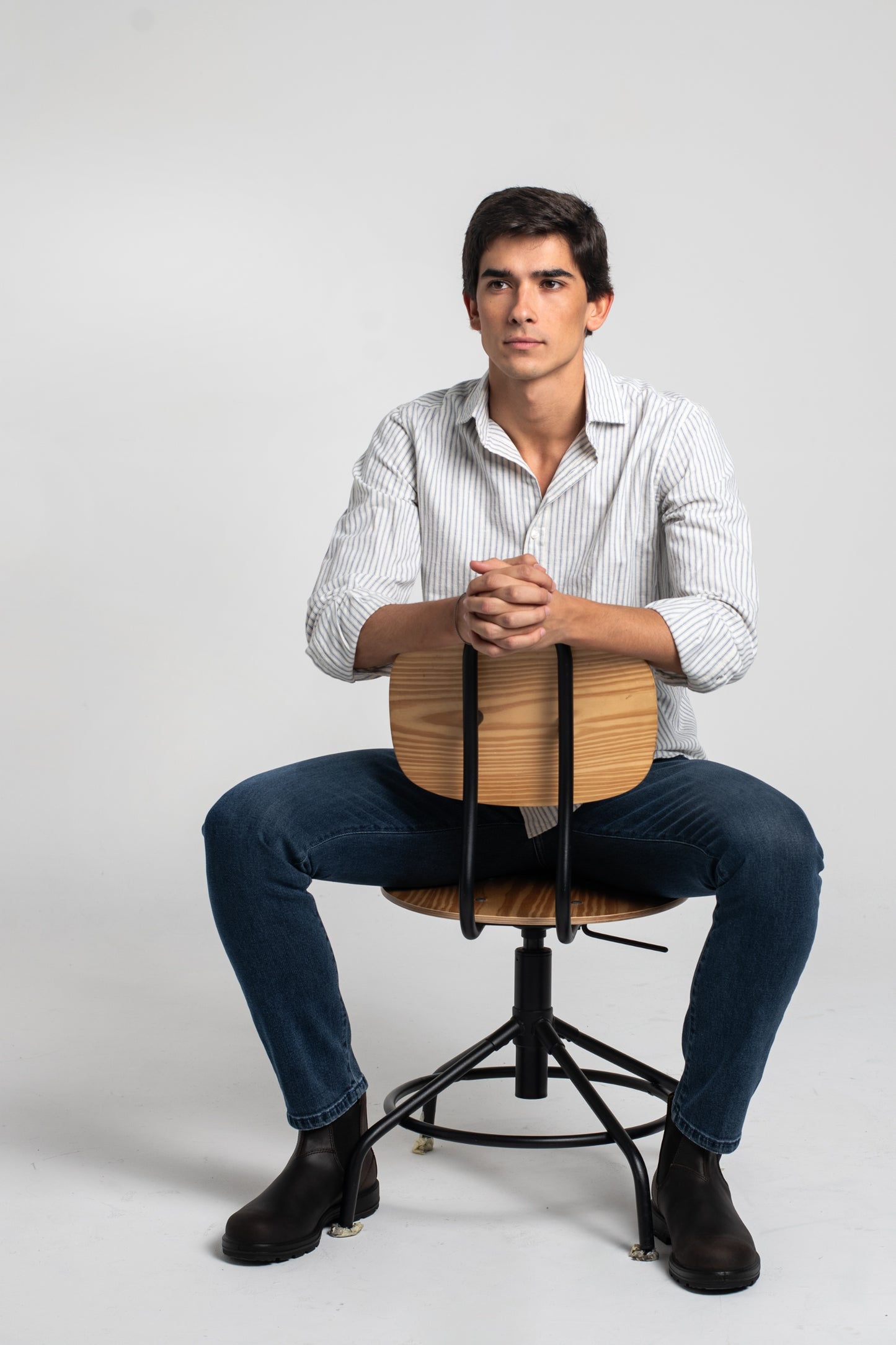 CAMISA HUESO RAYAS AZULES