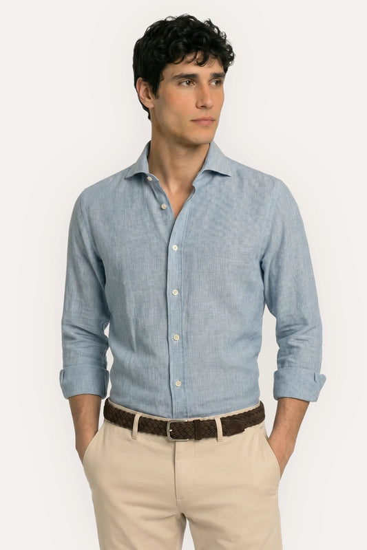 CAMISA AZUL LINO CON RAYA BLANCA