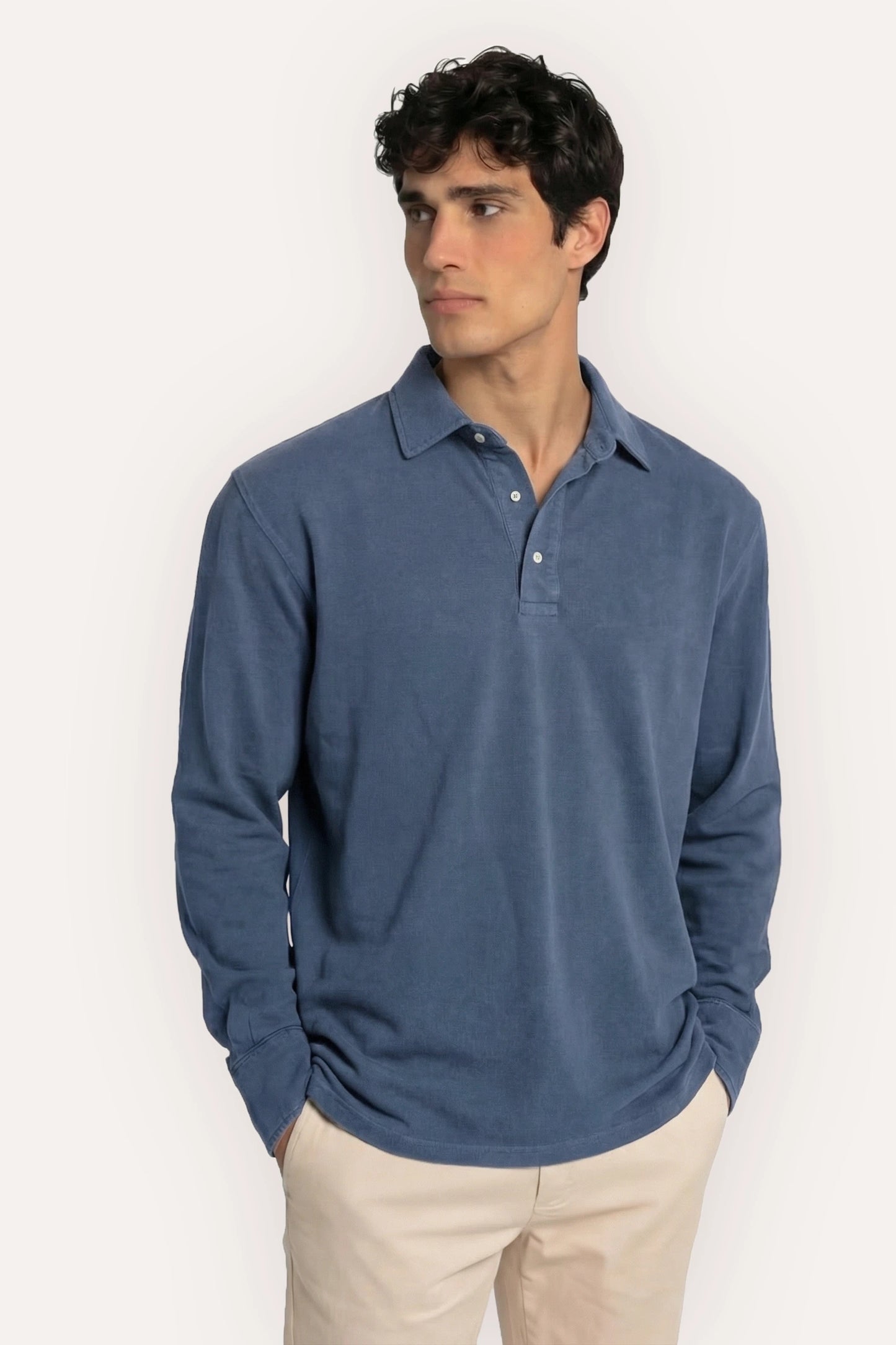 POLO MANGA LARGA PIQUÉ AZUL